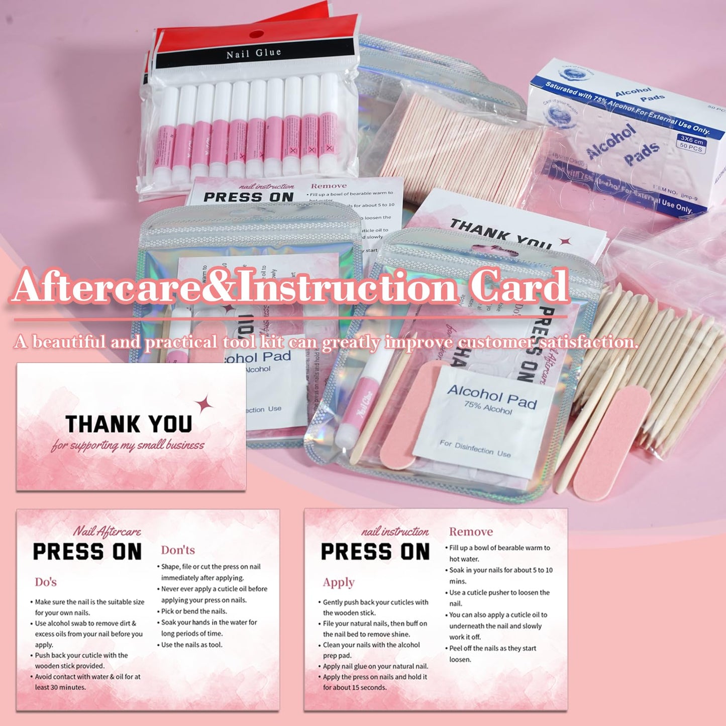 Press On Nail Tool Kit for Nail Business, Nail Prep Application Disposable Kit with Nail File, Nail Glue, Prep Pads, Instruction Card, Adhesive Nail Tabs, Wood Stick, Holographic Bag (20pcs in Pink)