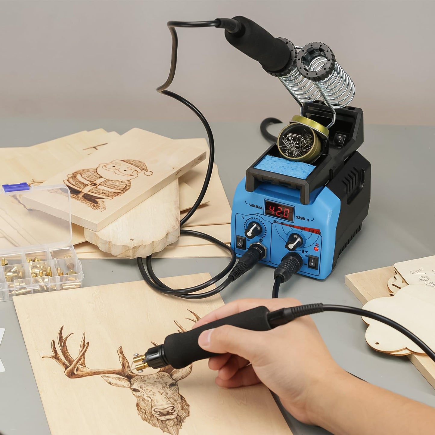 YIHUA 939D-II Pyrography Pen Wood Burning Kit Station 2-in-1 Solid-Point 200~480°C (with Temp Display)/Wire-Nib 250~750°C with 20 Nibs, Solid Points, 1 Stable Pen Holder, 2 Scrap Wood (Blue)