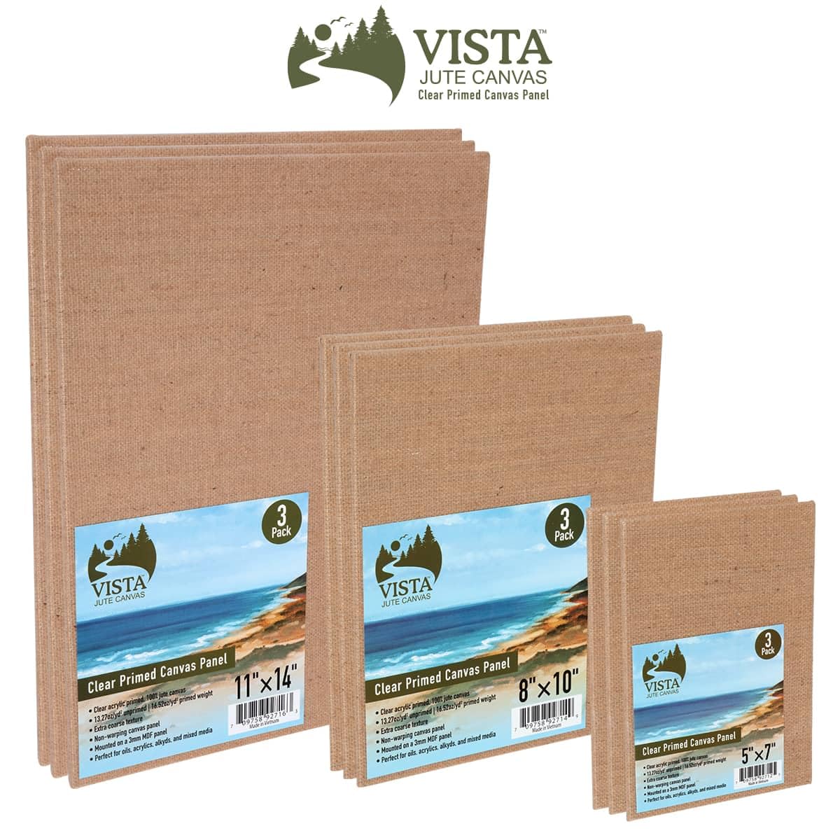 Vista Jute Clear-Primed Canvas Panels - 5"x7", 3 Pack - Blank Canvas for Traditional Oils, Eco Friendly, 100% Jute, Double Primed, Extra Coarse Texture, Ideal for Dry Brush and Impasto Techniques