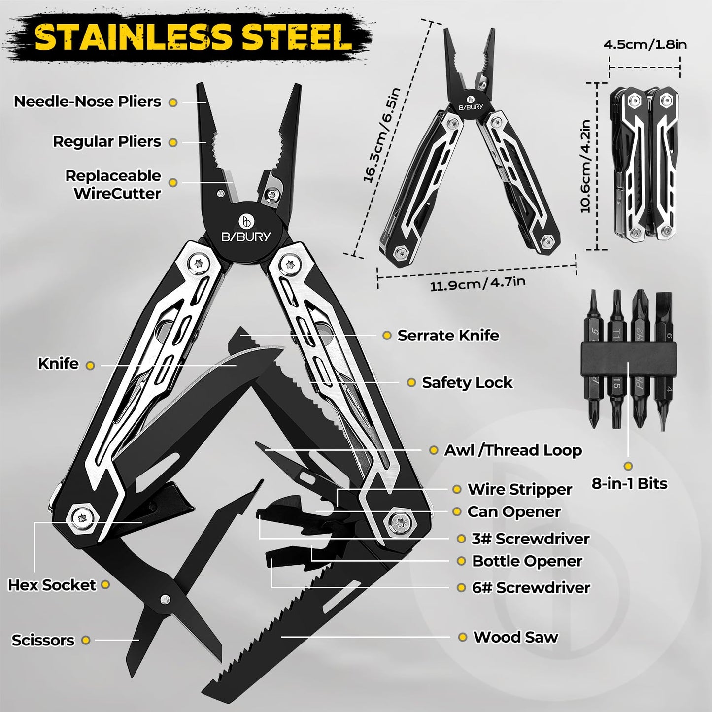 BIBURY Multitool, 21-in-1 Stainless Steel Pocket Tool with Scissors, Spring-Loaded Pliers with Sheath for Outdoor, Survival, Camping, Home Repair, Gifts for Men