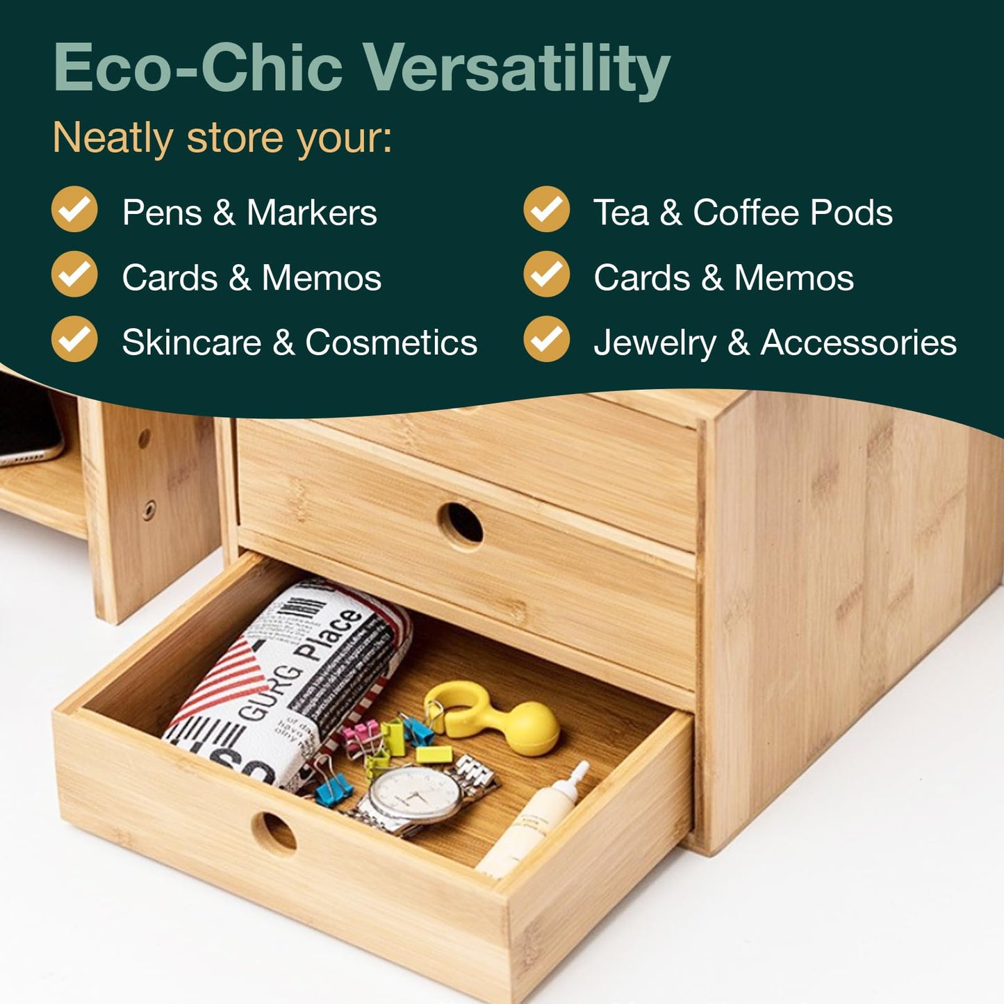 Modular Stackable Set of 3 Bamboo Organizer Desktop Drawers - 1, 2, 3 = 6 Drawers Total Storage Organizer for Desk Accessories, Office Supplies, Makeup Storage - Tabletop Wood Box Stackable Drawers