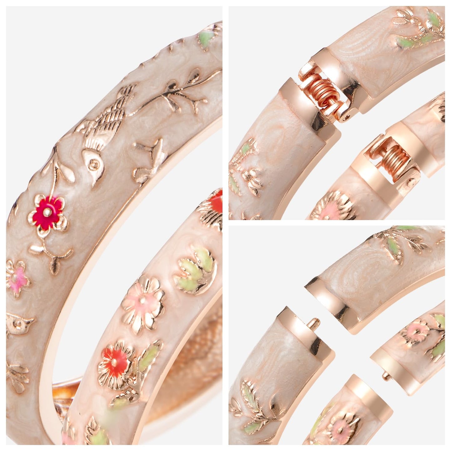 UJOY Colors Handcraft Jewelry Cloisonne Bracelet Enamel Bird Spring Hinged Womens Bangles Gifts Box 55C49-55A18 Cream White