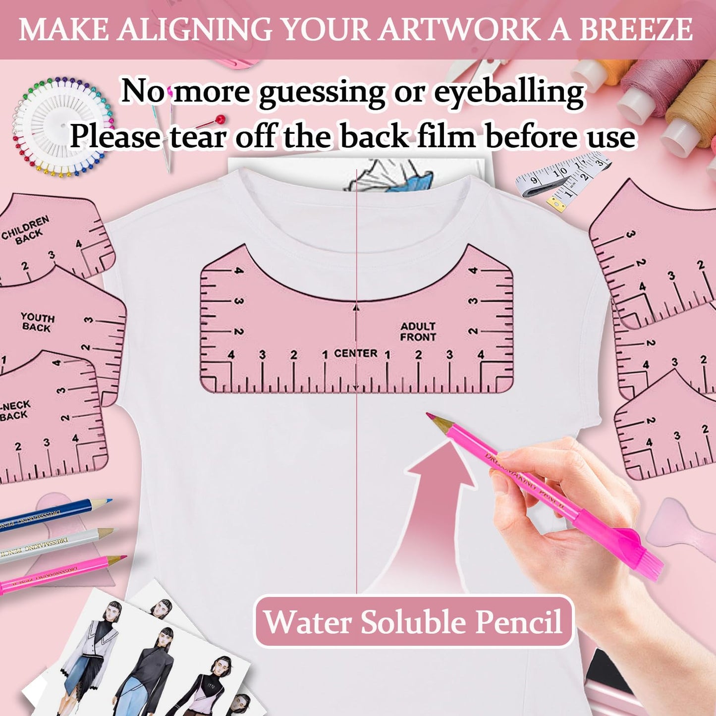QUKLOGEN Sublimation Shirts Tool Kits Shirt Measure Ruler Set Reusable Round Neck and V Neck Alignment T Shirt Guide Ruler Teflon Sheet for Heat Press 12 x 16in Heat Resistant Tape