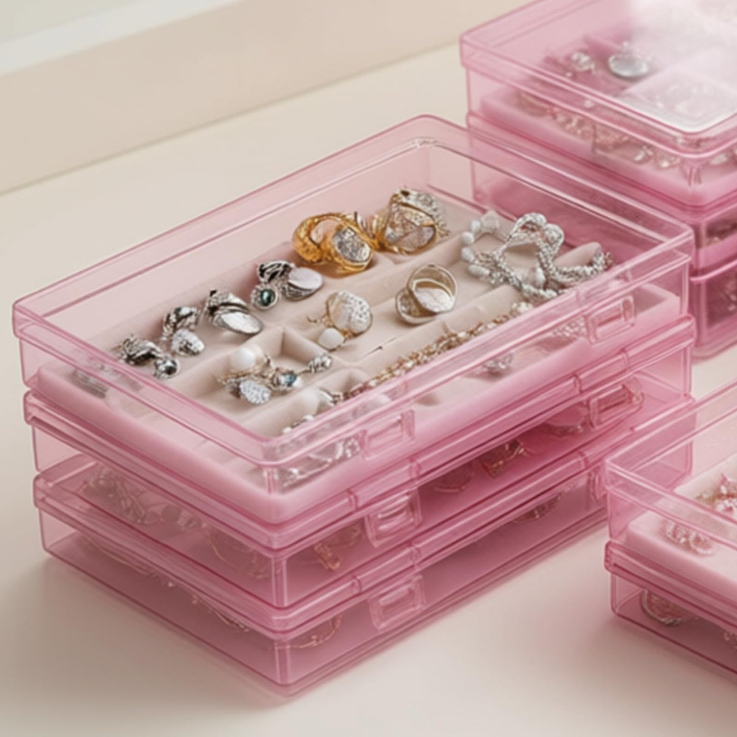Goodma 4 Pieces Rectangular Plastic Boxes Empty Storage Organizer Containers with Hinged Lids for Small Items and Other Craft Projects (Pink, 7.1 x 4.3 x 1.2 inch)