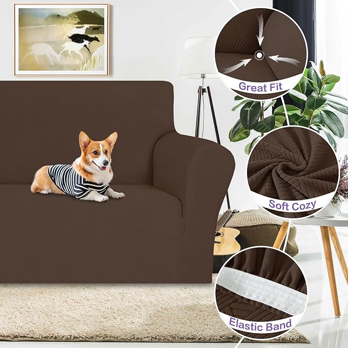 ZNSAYOTX Super Stretch Sofa Cover (72"-92"), New Striped Sofa Covers Fitted Slipcovers with Elastic Bottom, Dog Cat Pets Proof Spandex Washable Fabric Comfortable & Durable (Coffee, Sofa)