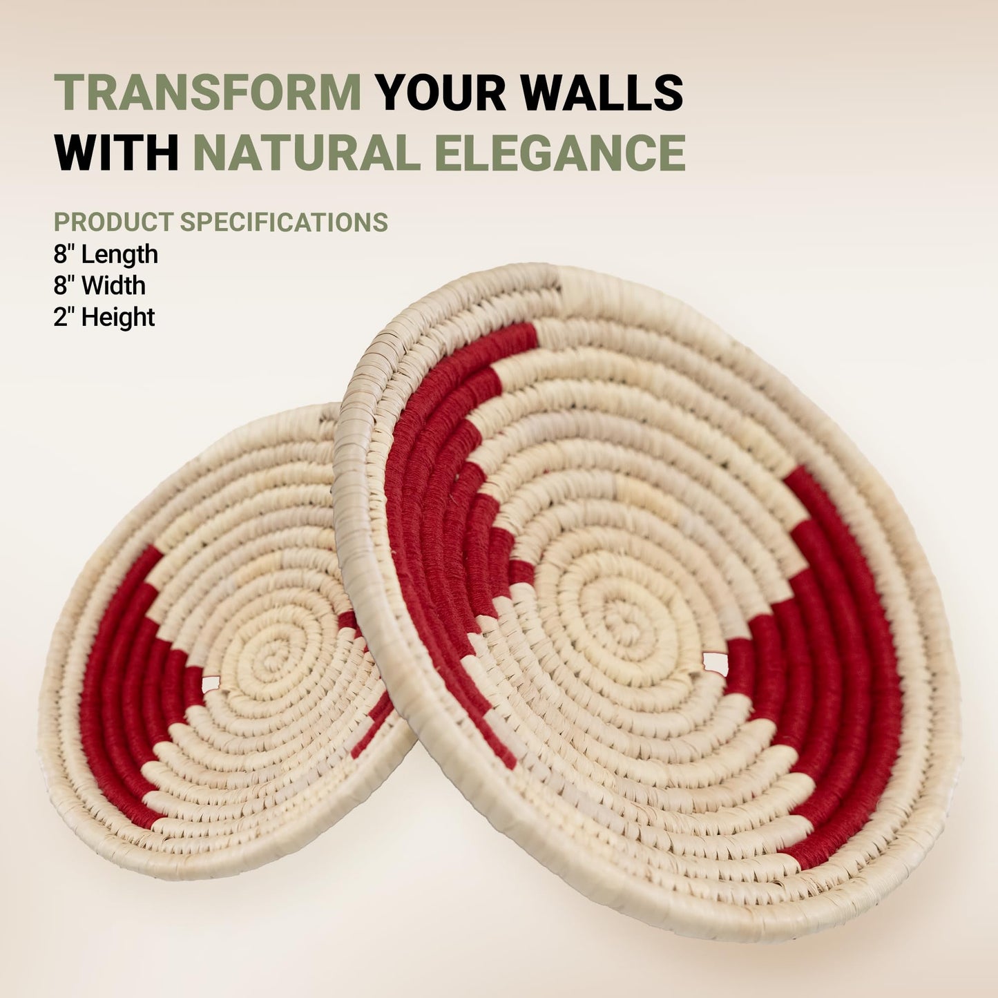 Wicker Village | Handmade Woven Wall Basket Décor | Boho Wall Art | Hanging Accent Rustic Natural Sabai Grass | Red and Beige | 8" L x 8" W x 2" H