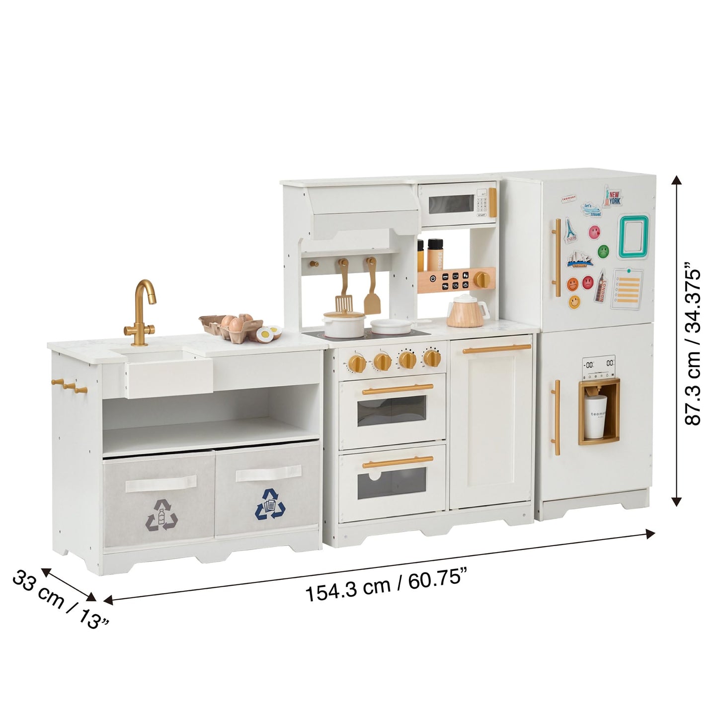 Teamson Kids Little Chef Atlanta Modular Wooden Play Kitchen, 3-Piece Set with Realistic Features & 17 Accessories, White/Gold, Interactive Toy for Toddlers & Kids, Cocina de Juguete