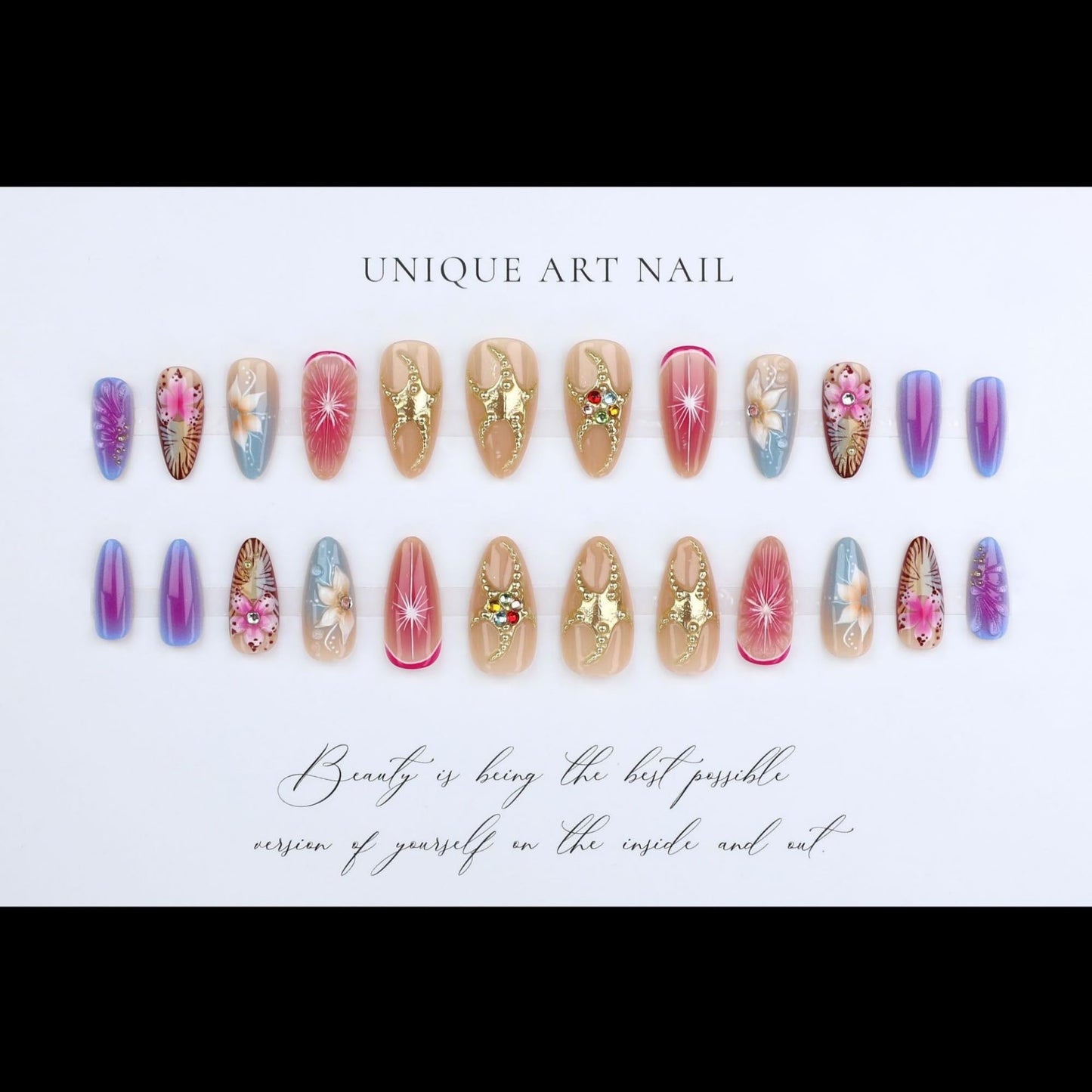 Long Press on Nails Almond Ombre Flowers Stick on Nail for Women 24pcs