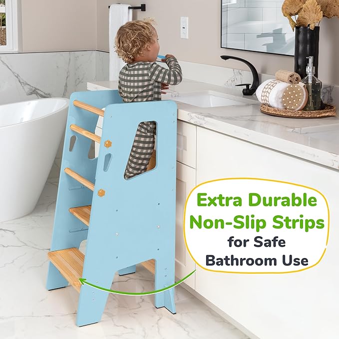 OCODILE Toddler Standing Tower - Adjustable Height Toddler Kitchen Stool Helper - Ideal Kids Kitchen Step Stool for Learning New Skills - Updated Design with Safety Feet - Blue