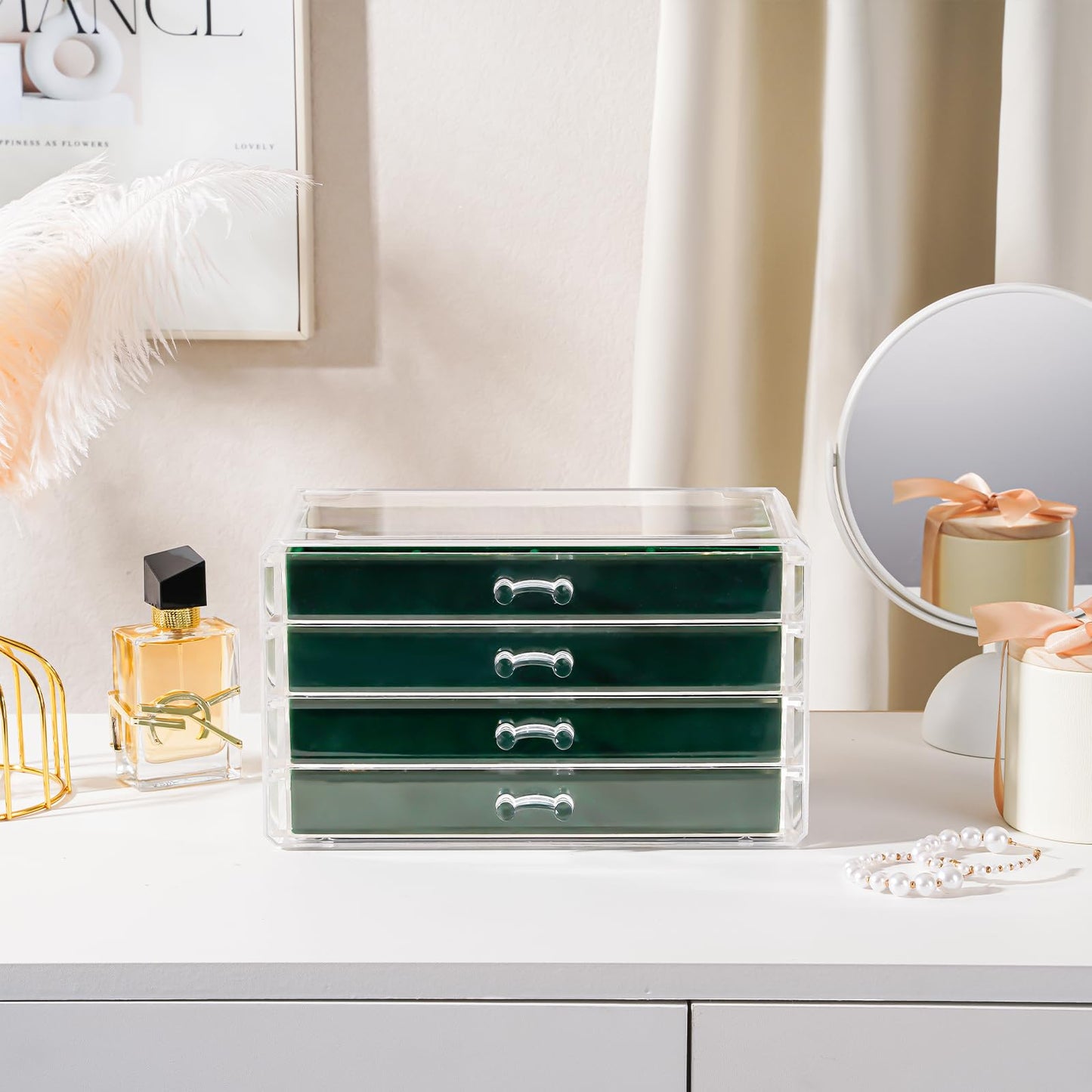 Lolalet Earring Holder Organizer Box Jewelry Storage with 4 Drawers, Clear Acrylic Stackable Earring Case with Adjustable Velvet Trays for Women on Dresser Vanity -Emerald, 4 Layers