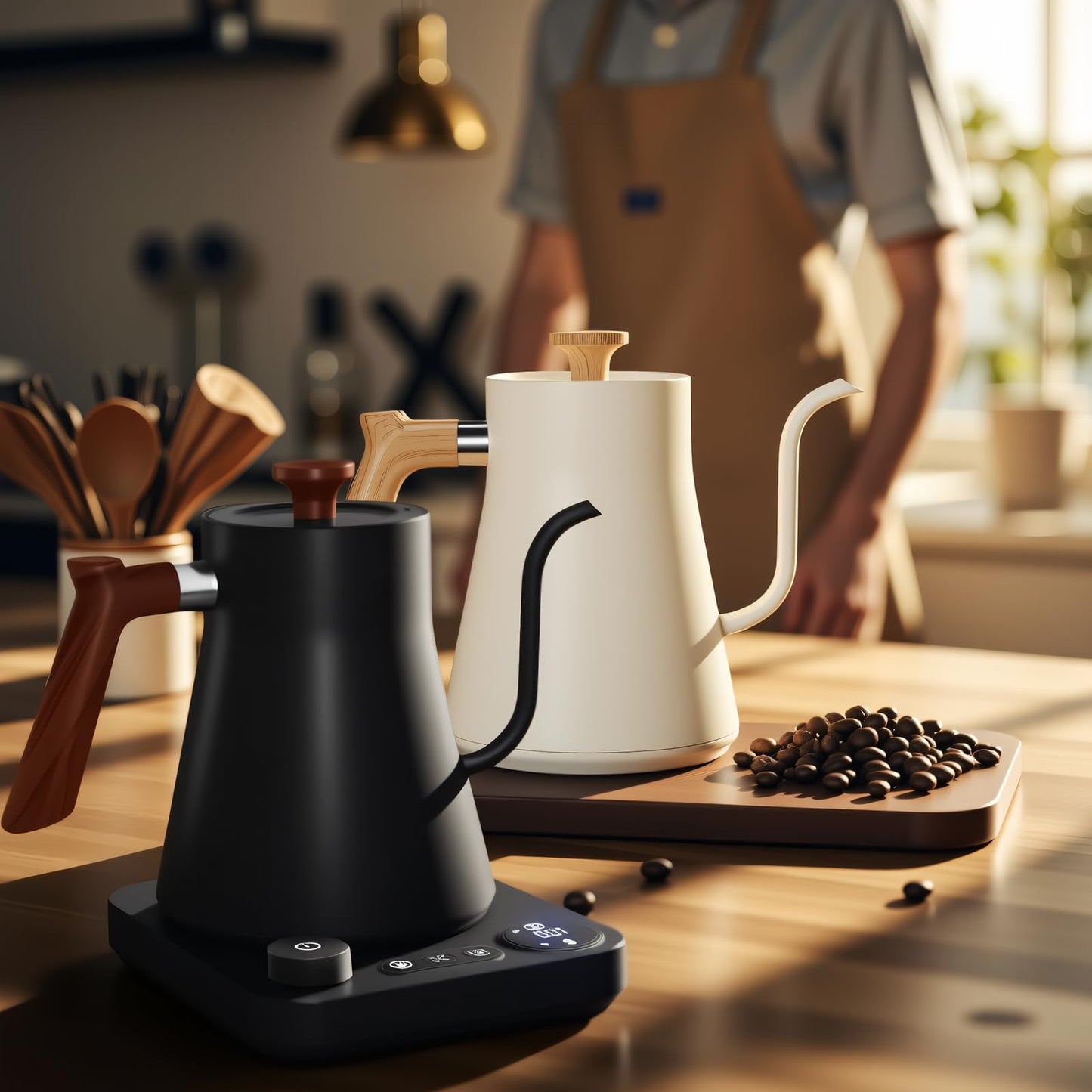 Gooseneck electric kettle,Auto Boil Detection, with Variable Temperature Control, Stainless Steel Inner, Ultra-Quiet 304 Stainless Steel,1200W Quick Heating, for Coffee, Tea & Milk, 0.9L (Beige）