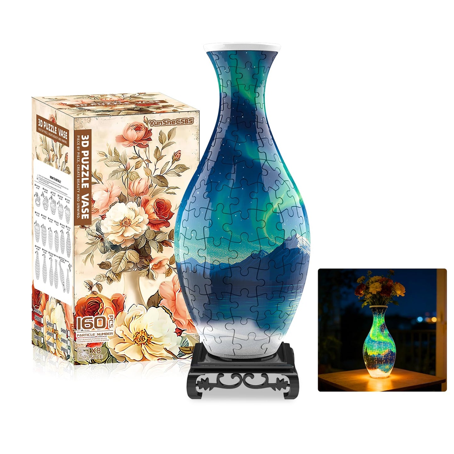 3D Puzzles Vase for Adults, Crafts for Adults, 160 Pieces Plastic DIY Unique Flower Vase with LED Light, House Warming Gift Birthday Gifts for Flower Arrangements and Home Decor (Night Light)