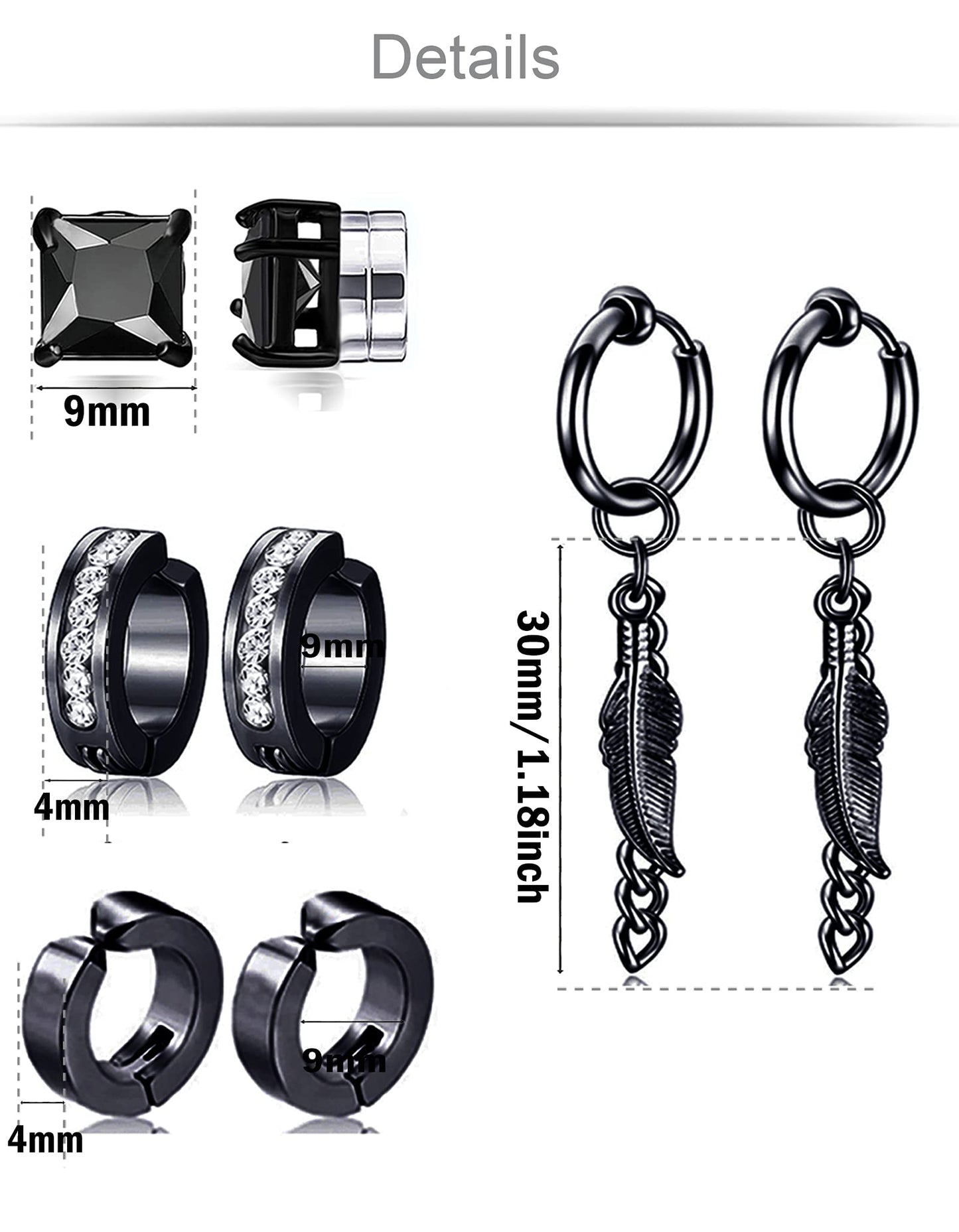 Ofeiyaa 12 Pairs Magnetic Stud Earrings Stainless Steel CZ Hoop Punk Feather Dangle Hinged Non-Piercing Earrings Clip on Magnet Earring Set for Women Men Black Plated