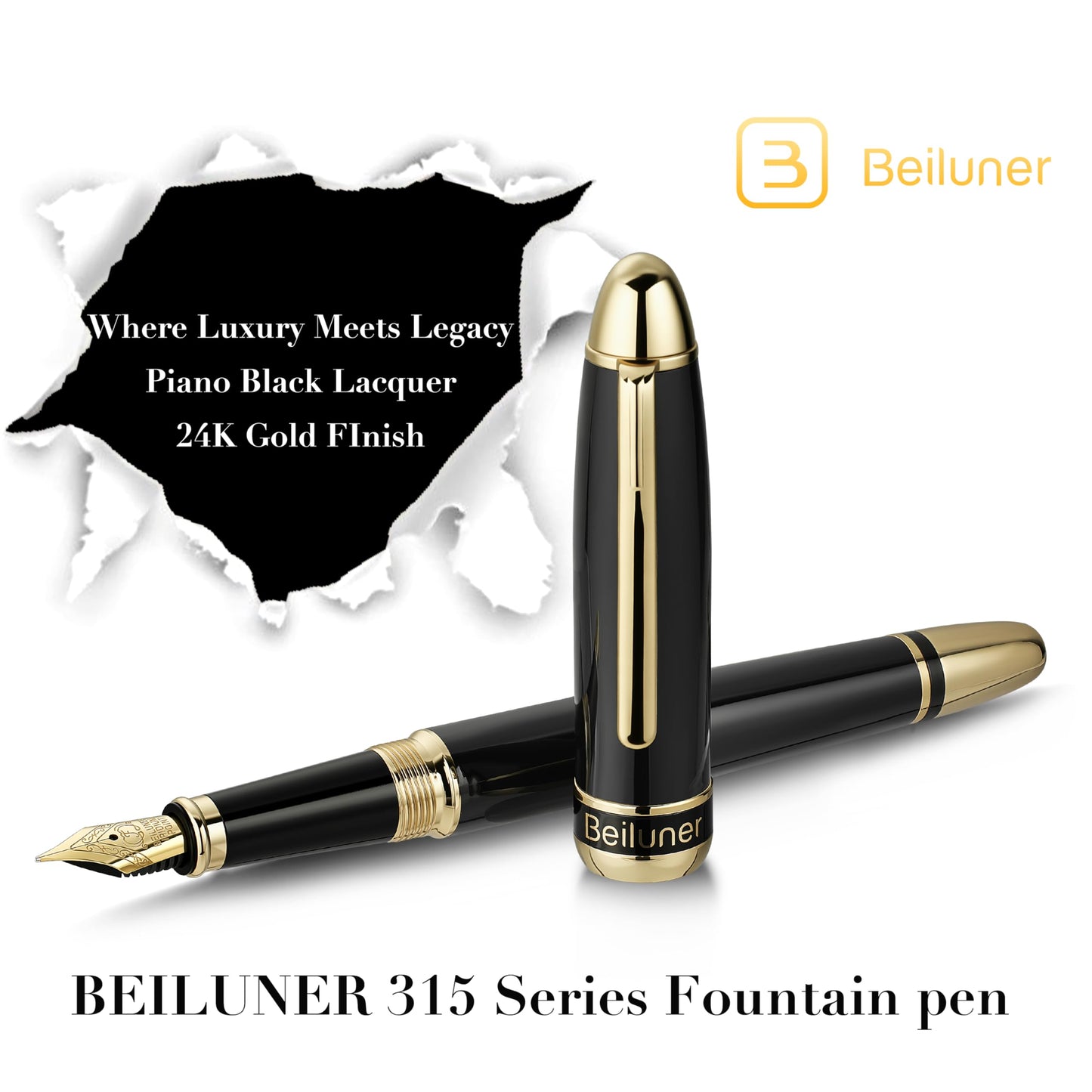 BEILUNER 315 Black Fountain Pen,Stunning Luxury Pens with 24K Gold Accents, Gorgeous 24K Gilded Nib(Fine), Ink Converter,Fancy Pen Gift for Men&Women-Elegant, Office, Graduation, Nice Design