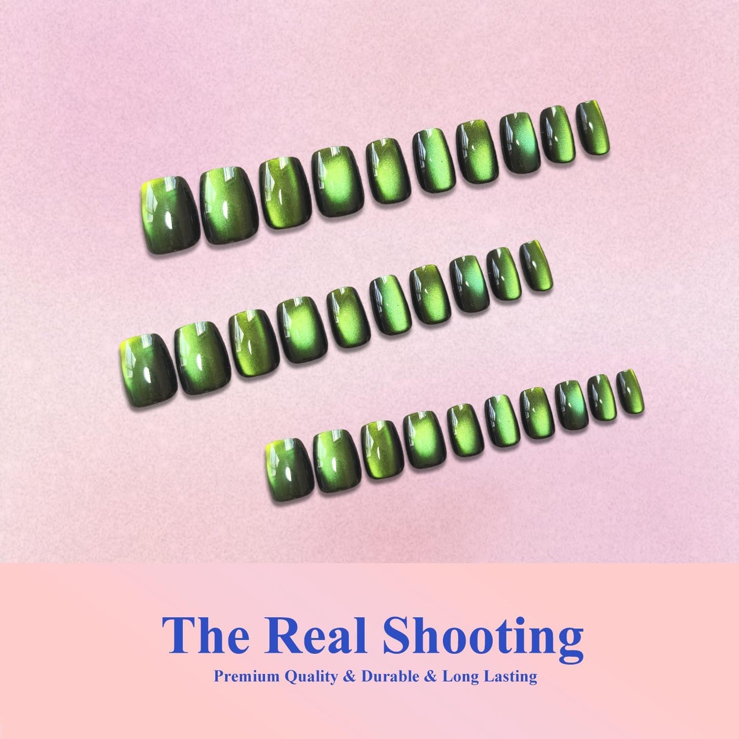 KQueenest Cat Eye Press On Nails Short - Dark Lime Green Press On Nails Square, 30 Pcs 15 Sizes Glitter Black Fake Nails Press ons, Thick Quality, Reusable Small Glue on Nail for Women Goth Party