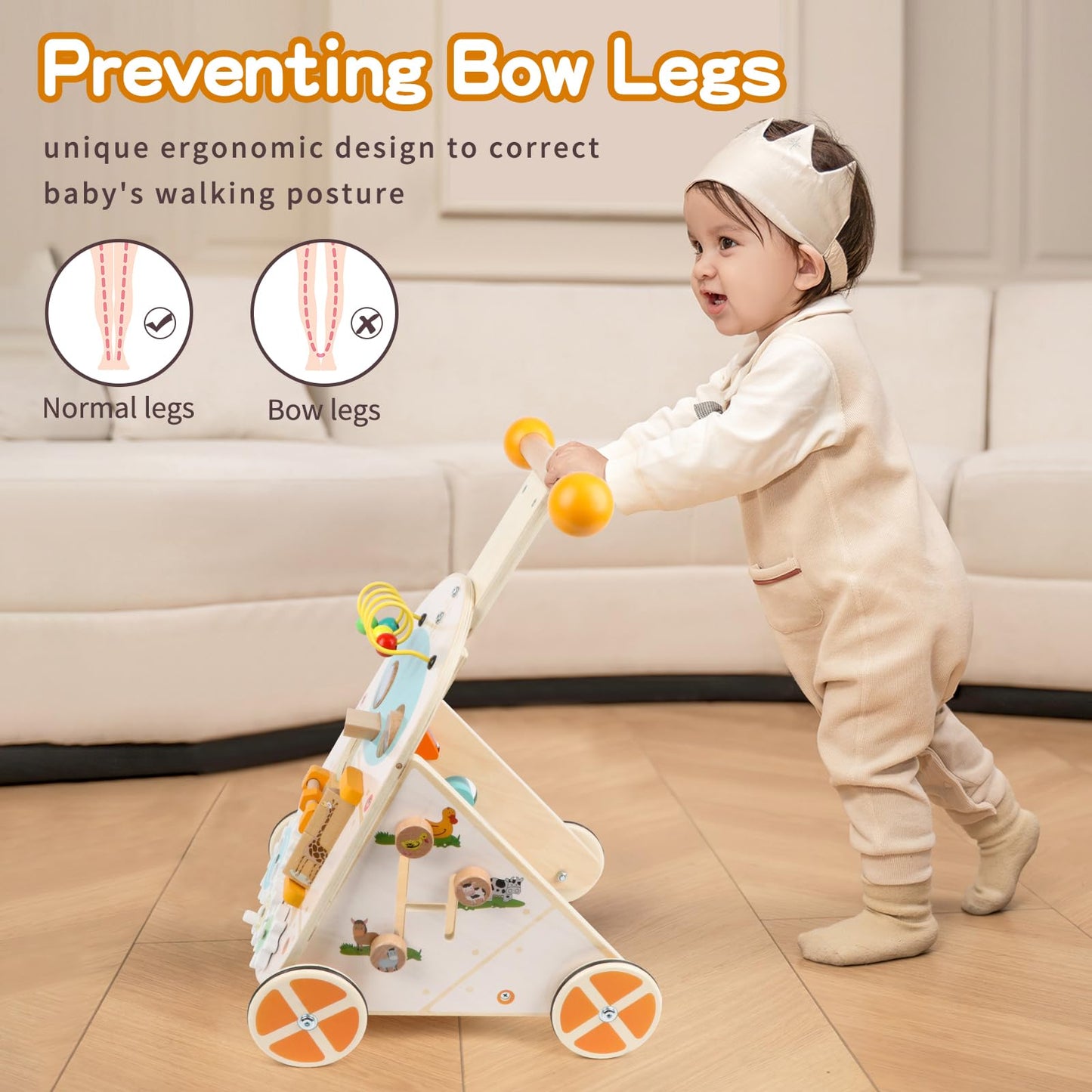 Steventoys Wooden Push Walker, Adjustable Speed Baby Push Walker Activity Center Toys, Wooden Baby Walker Push and Pull Learning Activity Walker, Learning & Walking Toy for Boys Girls
