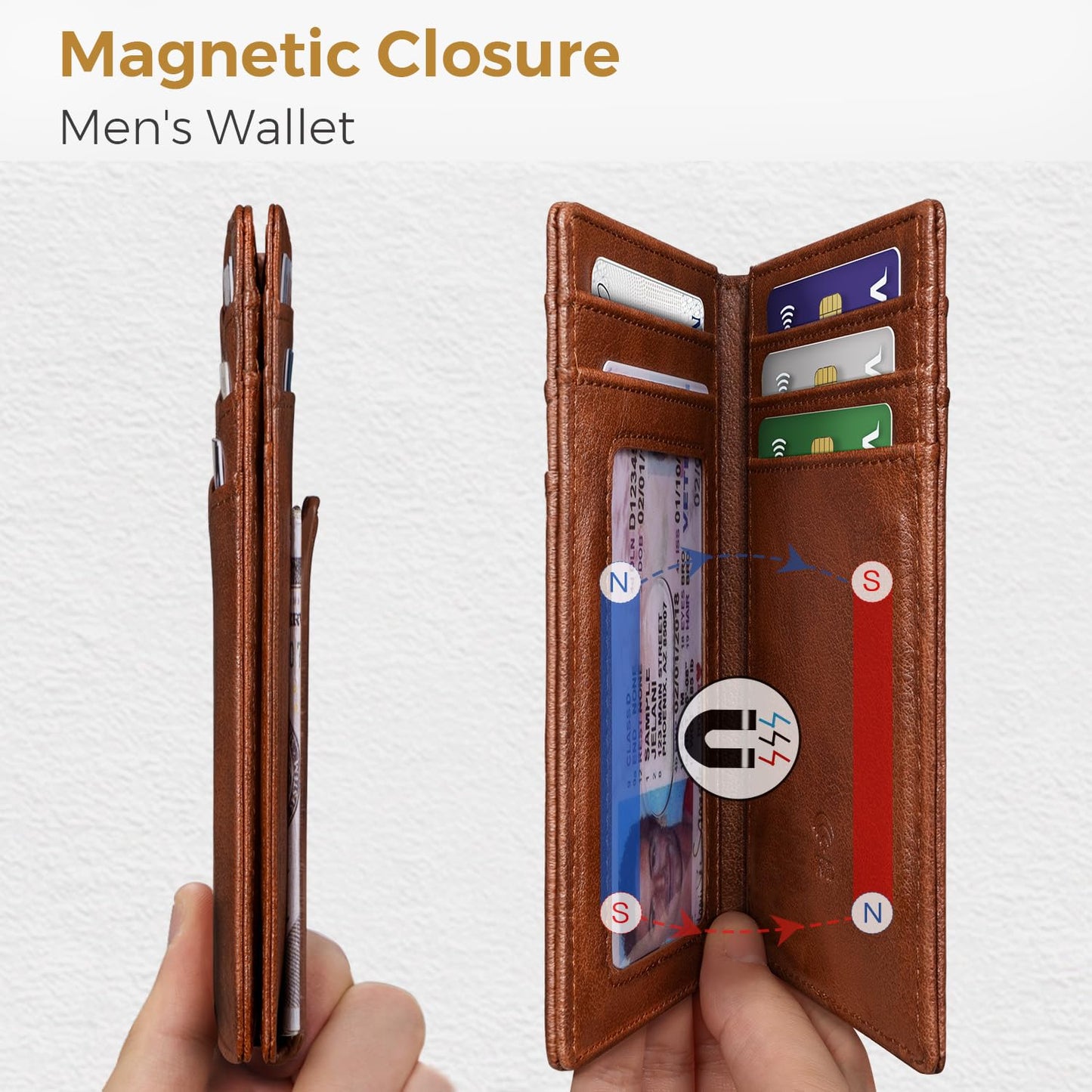 RUNBOX Magnetic Closure Slim Wallet for Men, Leather Front Pocket Wallet Holds 12 Cards, Rfid Blocking Card Wallet with Money Clip, Gifts for men