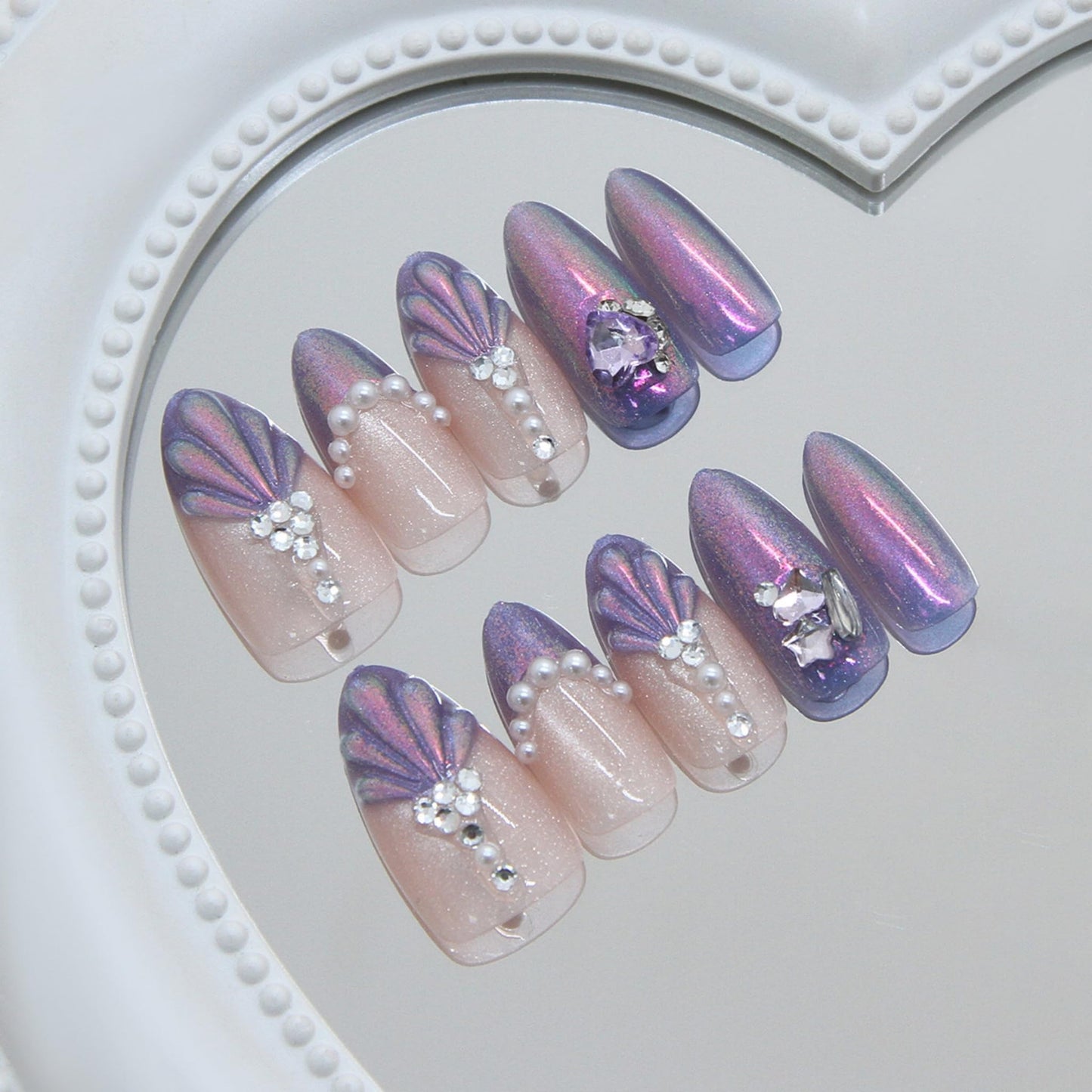 Medium Press on Nails Almond Fake Nails Purple Artificial Nail Mermaid Stick on Nail with Seashell Pearl Rhinestone Gem Glitter Design for Women 30pcs