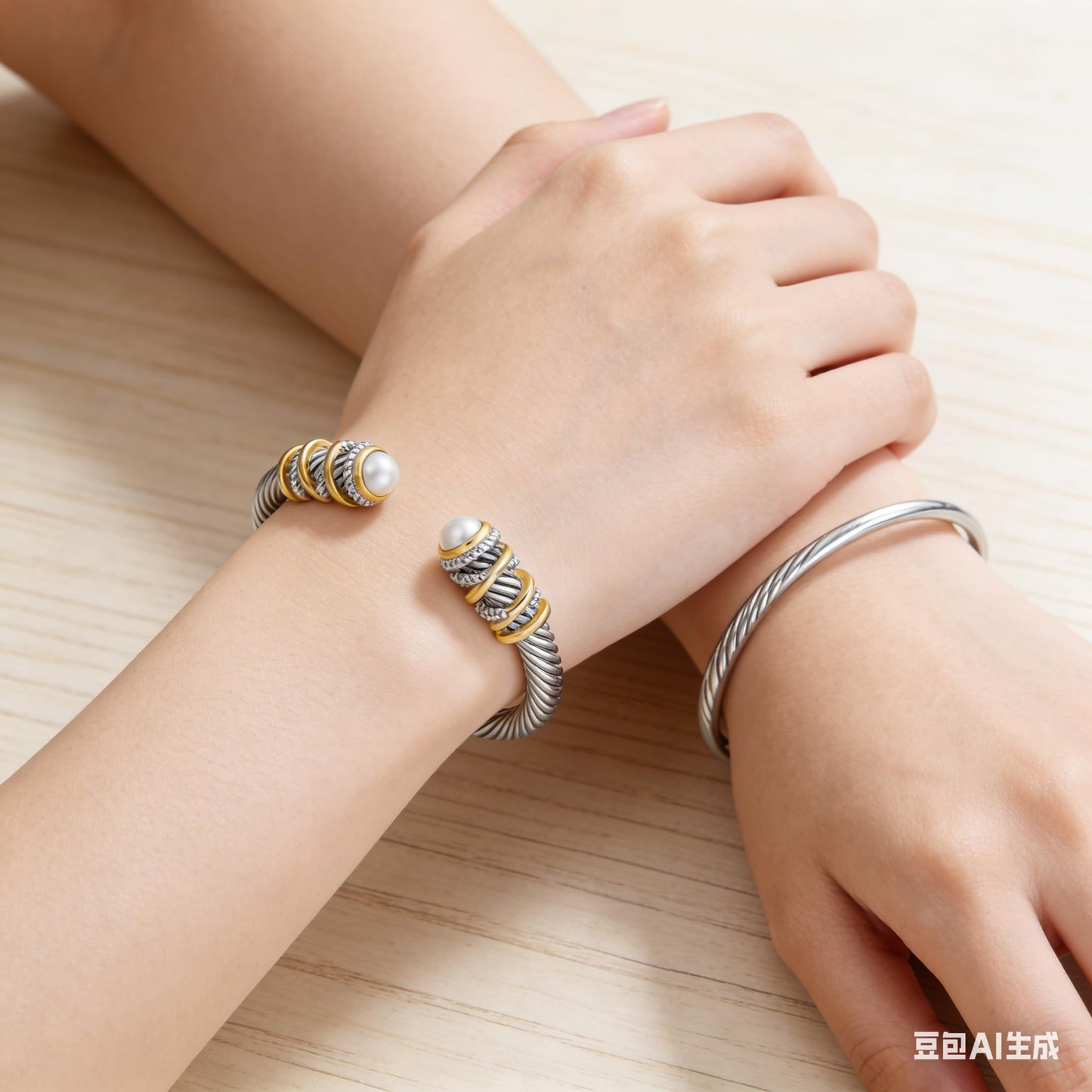 Decpro Antique Twisted Cable Bracelet with Composite Shell Pearl Inlay Alloy Cuff Bracelet for Women