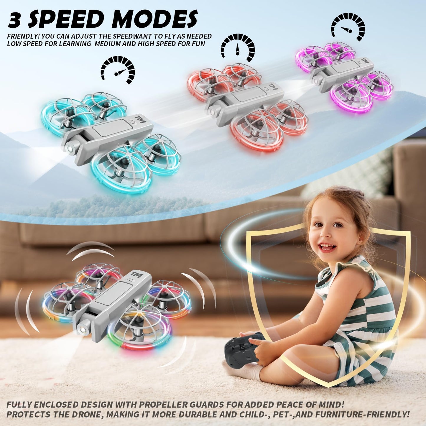 Mini Drone for Kids with 20 Cool Light Modes, Toy Drone with Guard, Altitude-Hold, 3D Flip, 2.4G Remote Control, 3 Speed Modes, 2 Batteries, indoor Outdoor Mini Quadcopter Toy for Beginners