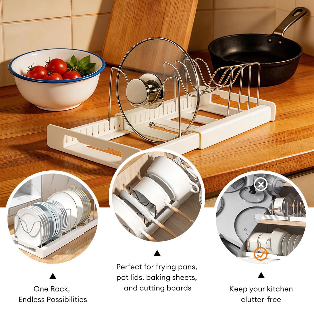 Tenrry Pot and Pan Organizer Rack for Cabinet - Expandable 12" to 22" Kitchen Cabinet Organizer with 7 Dividers, Heavy-Duty ABS Base for Lids, Cutting Boards, Bakeware, Cookware Storage, Grey