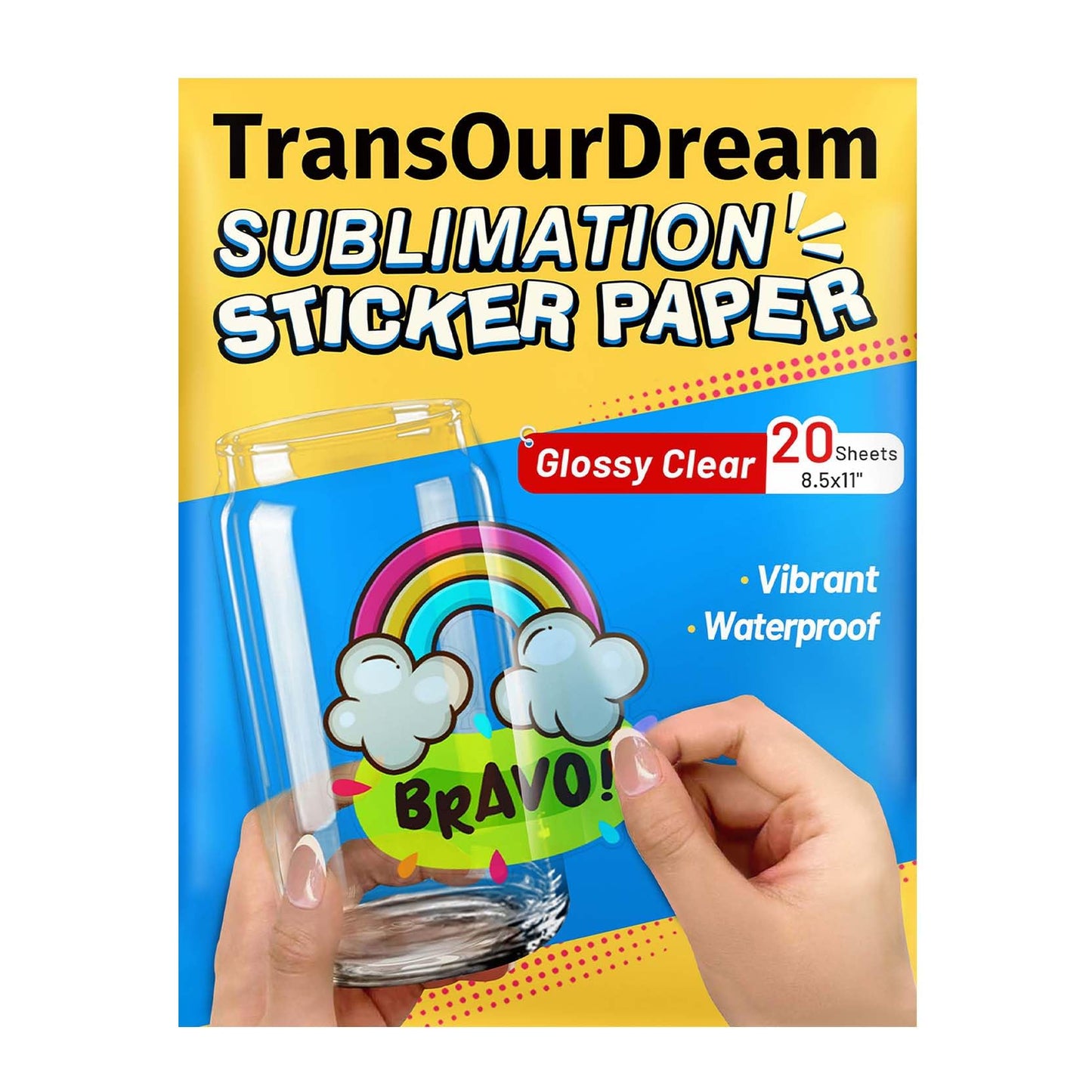 TransOurDream Sublimation Sticker Paper-20 Pcs 100% Glossy Clear Waterproof Heat Transfer Stickers 8.5x11 for Sublimation Inkjet Printer with Sublimation Ink, Decoration for Mugs, Phone Cases, Tumbler