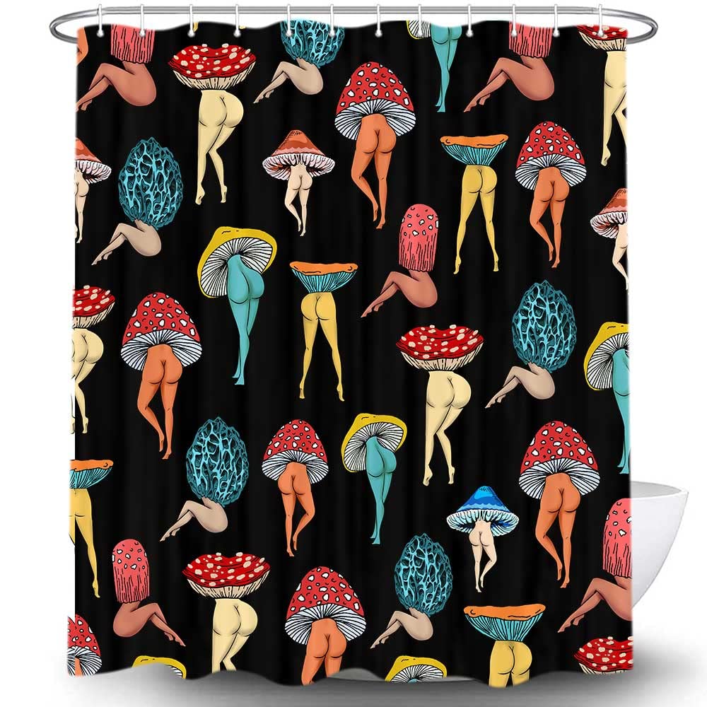 Uokiuki Funny Mushroom Butt Shower Curtain, Fun Cute Sexy Butt 70S 80S Fabric Shower Curtains for Bathroom Hippie Psychedelic Aesthetic Colorful Unique Cool Cloth Black Shower Curtain Set 70X70IN