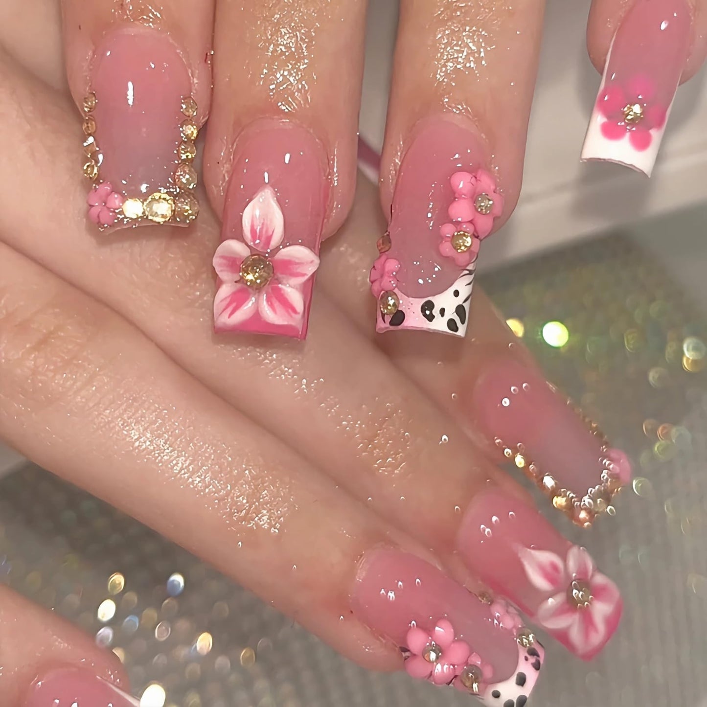 BABALAL Pink 3D Flower Press On Nails, Medium Long Square Fake Nails with Rhinestone & Cow Print, Glossy Acrylic Full Cover Stick On Nails for Women 24Pcs