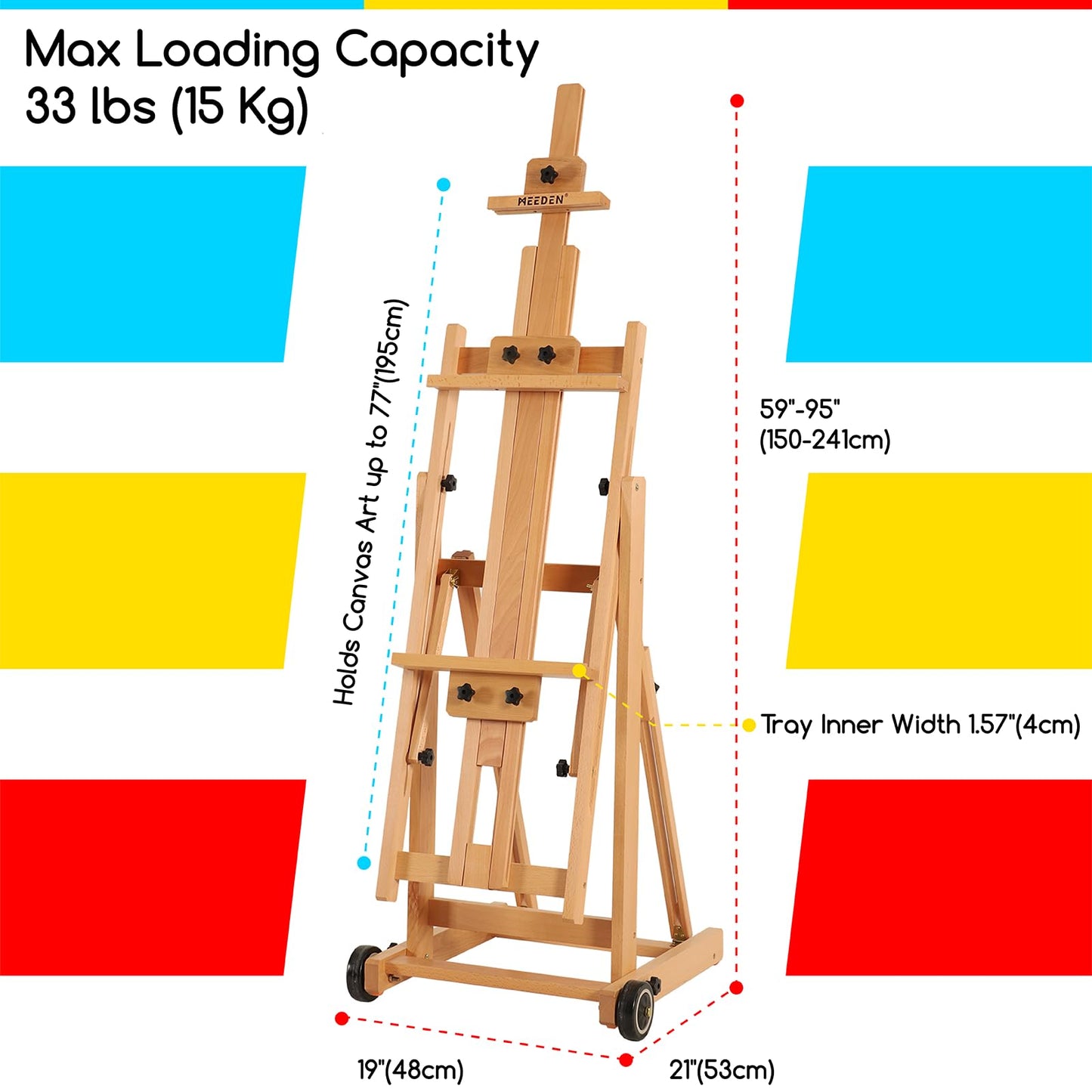 MEEDEN Versatile Studio H-Frame Easel - All Media Adjustable Beech Wood Studio Easel, Painting Floor Easel Stand, Movable and Tilting Flat Available, Holds Canvas Art up to 77"