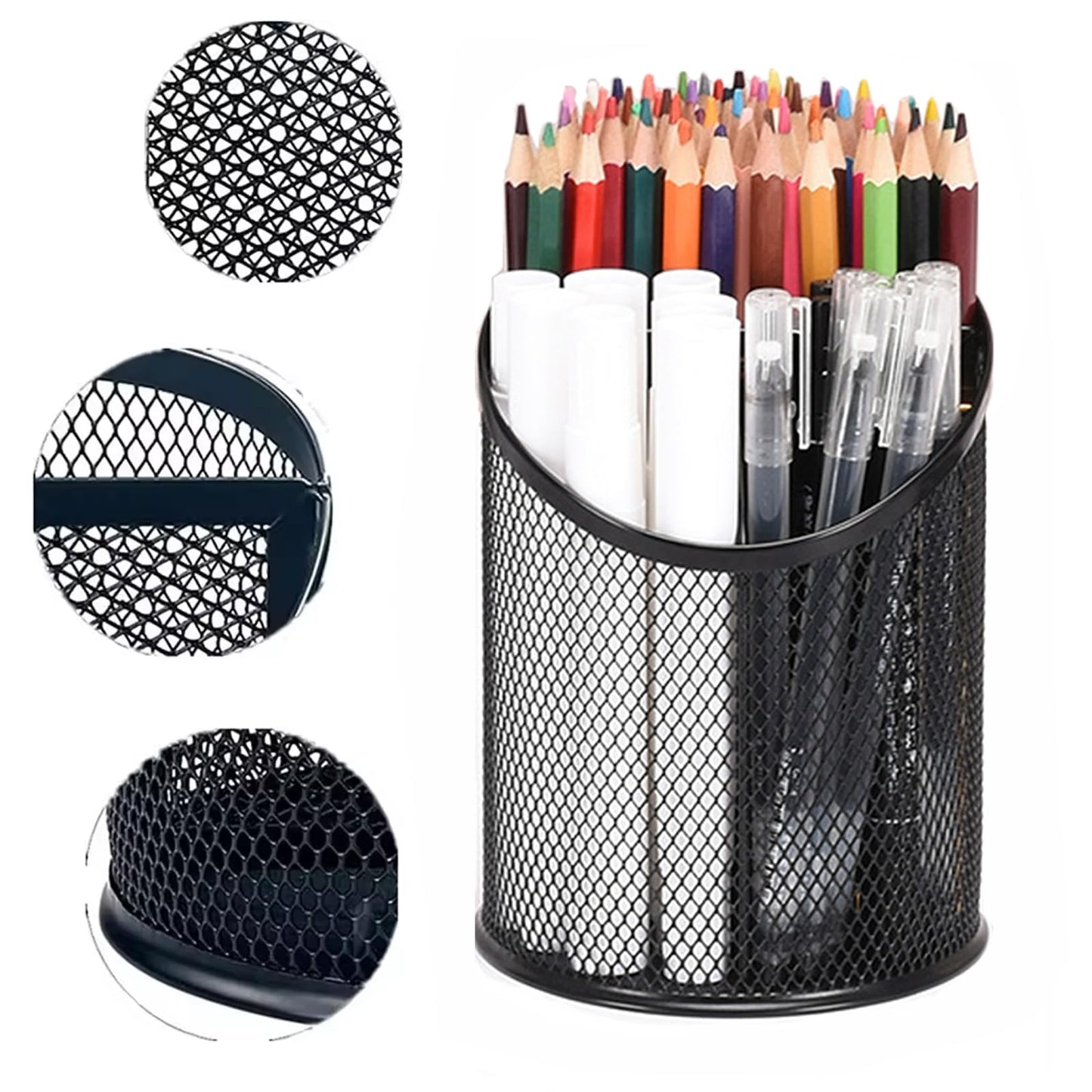 MINDEPOT 2 Pack Mesh Pencil Holder Pen Cup for Desk Round Black Pen Holder Desktop Pen Organizer 3 Compartments Pencil Organizer Desk Organizer for Office Home School
