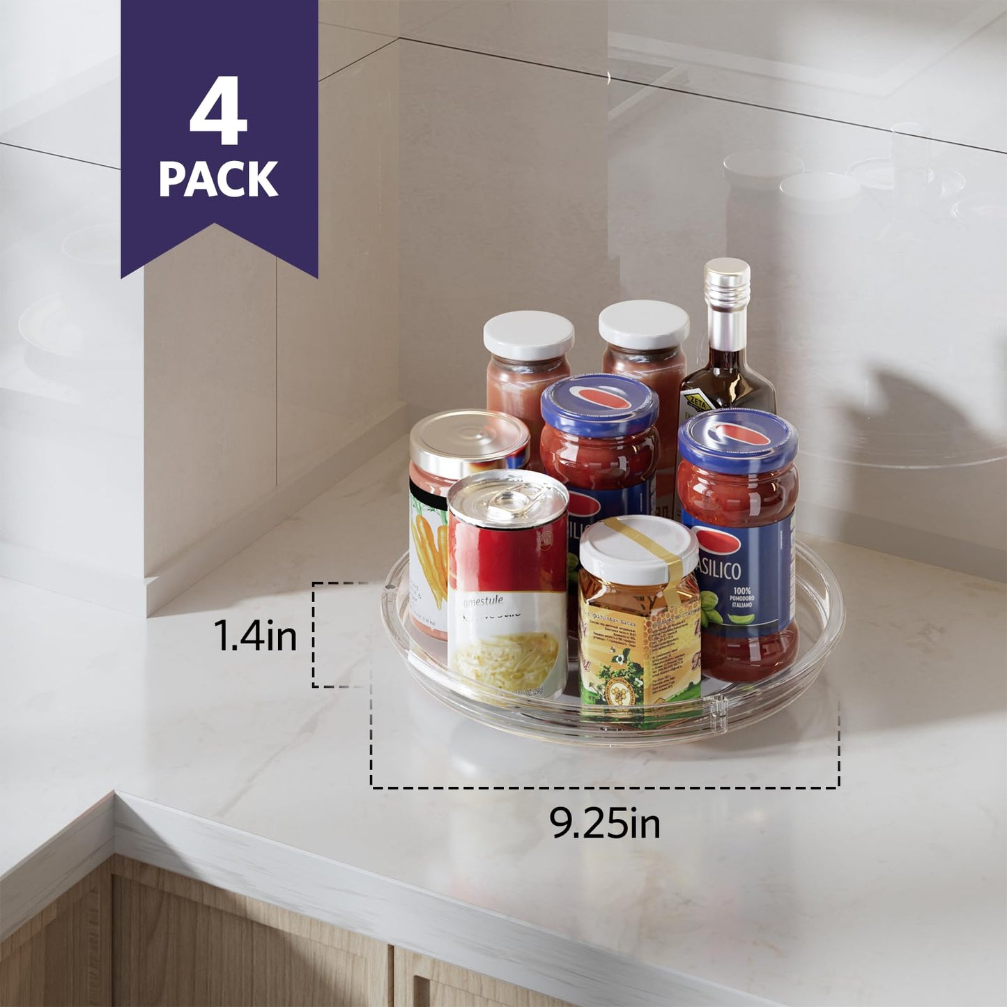 LAMU 4 Pack 9.25in Lazy Susan Organizer, Clear Lazy Susan Turntable for Cabinet, Refrigerator, Table Top, Kitchen, Bathroom, Pantry Organizers and Storage