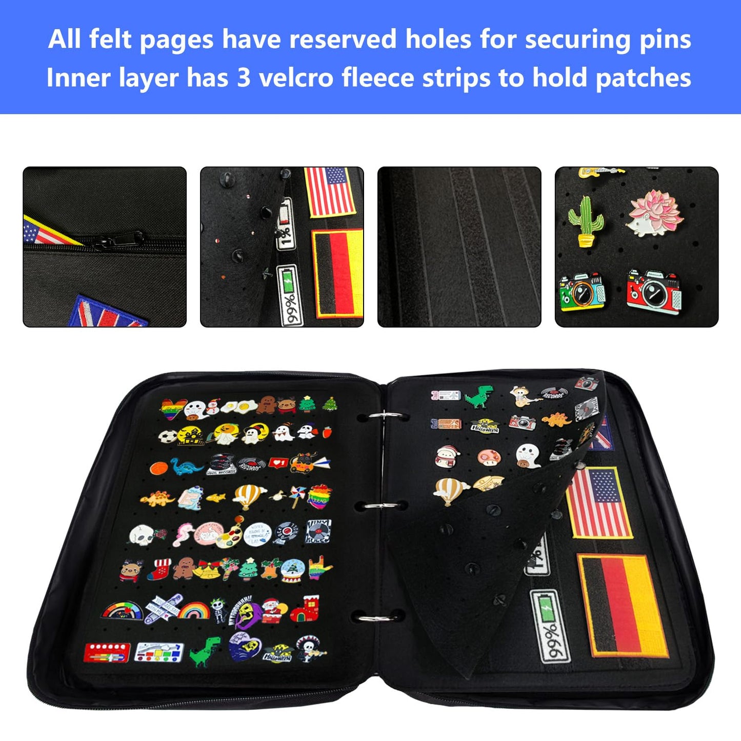 Mi Ya Mi Lai Extra Large Pin Display Book for Collectors,Portable 3 Ring Binder,Double Sided Felt Pages,Holds 300+ Pins & 50 Patches, Detachable Organizer (Black)