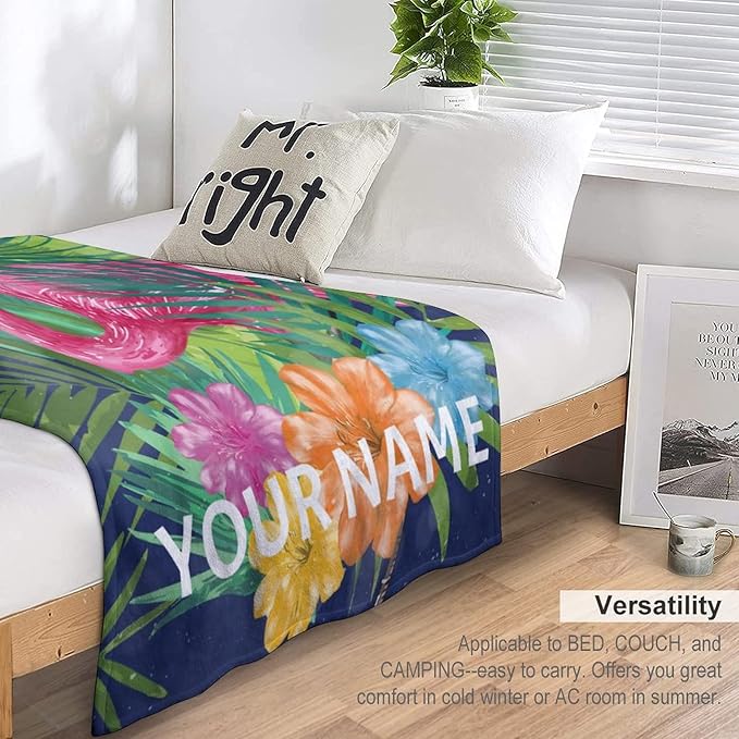Custom Flamingo Blanket Gifts with Name - 40 x 50 Inches Funny Flamingo Throw for Kids - Green Warm Furry Plush Blankets for Couch