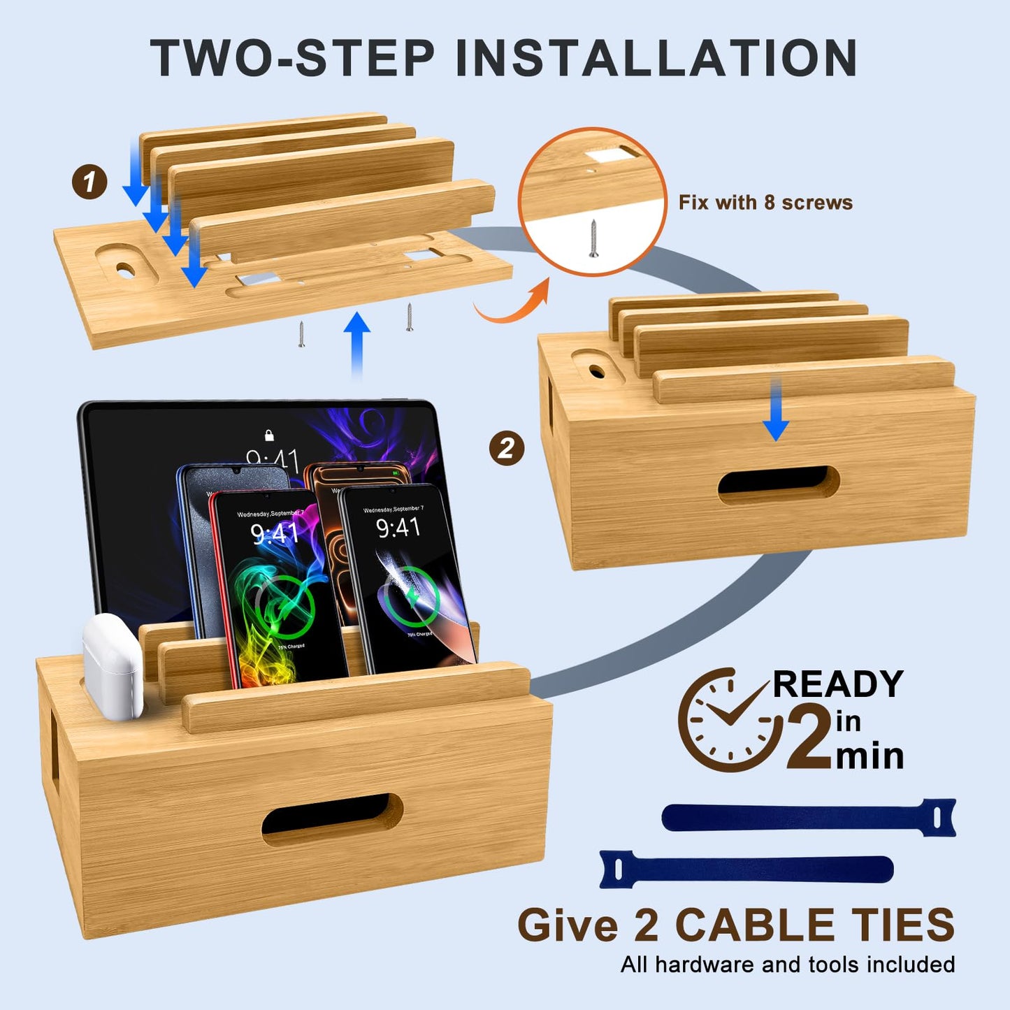 Osmudax Bamboo Charging Station for Multiple Devices, Cable Management Box for Power Strip, USB Charger & USB Charging Hub/Station, Wood Docking Station Desktop Organizer Bedside Table Organizer