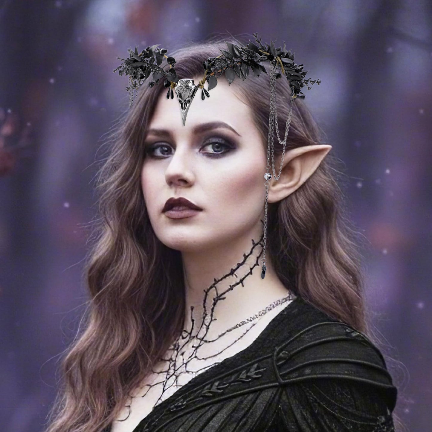MOSTORY Black Raven Elf Crown - Gothic Flower Headpiece with Tassel for Witch Accessories Women, Dark Floral Circlet for Renaissance Renfaire Halloween Witchcore Cosplay