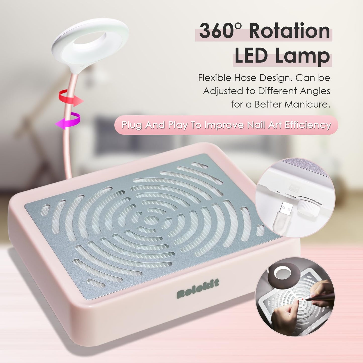 Nail Dust Collector with Lamp&50pcs Disposable Filter&Dusting Brush, Electric Nail Vacuum Cleaner Dust Fan Suction Machine for Manicure Acrylic Gel Nails Polishing, Low Noise,Salon Home