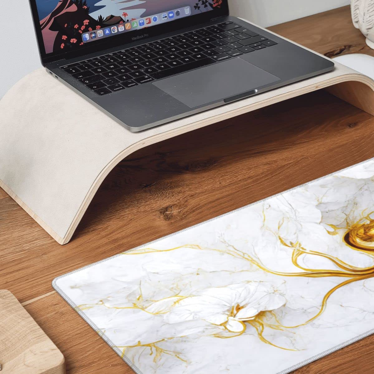 CANFLASHION Desk Pad,Office Desk Mat 31.5"×11.8" Large Gaming Mouse Pad,Extended Computer Mouse Pad,Waterproof Thick Big Mouse Pads with Non-Slip Rubber Base Office Home White Gold Marble Flower