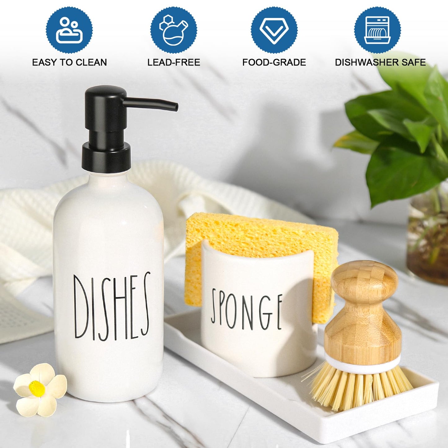 ALPIRIRAL Dish Soap Dispenser for Kitchen, Ceramic Dish Soap Dispenser with Sponge Holder, White Dispenser Set with Tray, 3 in 1 Countertop Sink Organizer, Farmhouse Modern Kitchen Decor