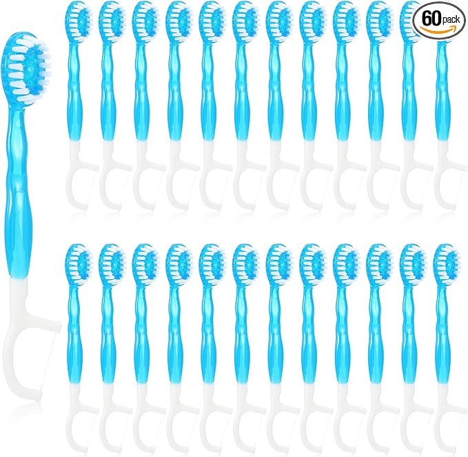 60 Pack Mini Toothbrushes with Toothpaste, Individually Packaged Disposable Travel toothbrushes with Tongue Scrapers, Removable Floss and Pick for Work, Travel
