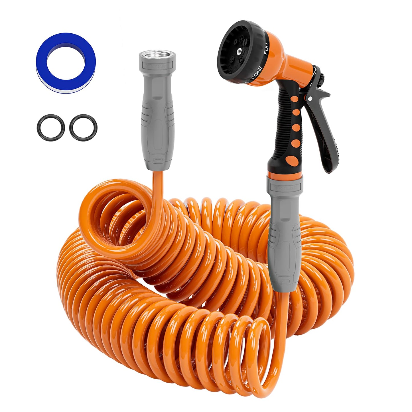 SPECILITE 3/8” Lightweight Coil Garden Hose 50 FT, EVA Retractable Curly Water Pipe with 6-Pattern Spray Nozzle for Boat, Greenhouse, Yard, Patio (Orange)