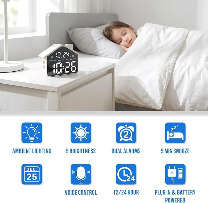 Plumeet Digital Alarm Clock, Bedroom Clock with Large Numbers, Date, Week, Dual Alarms, Dimmer and Ambient Light, House-Shaped Electric Bedside Desk Clock, Adapter Batteries Powered, White