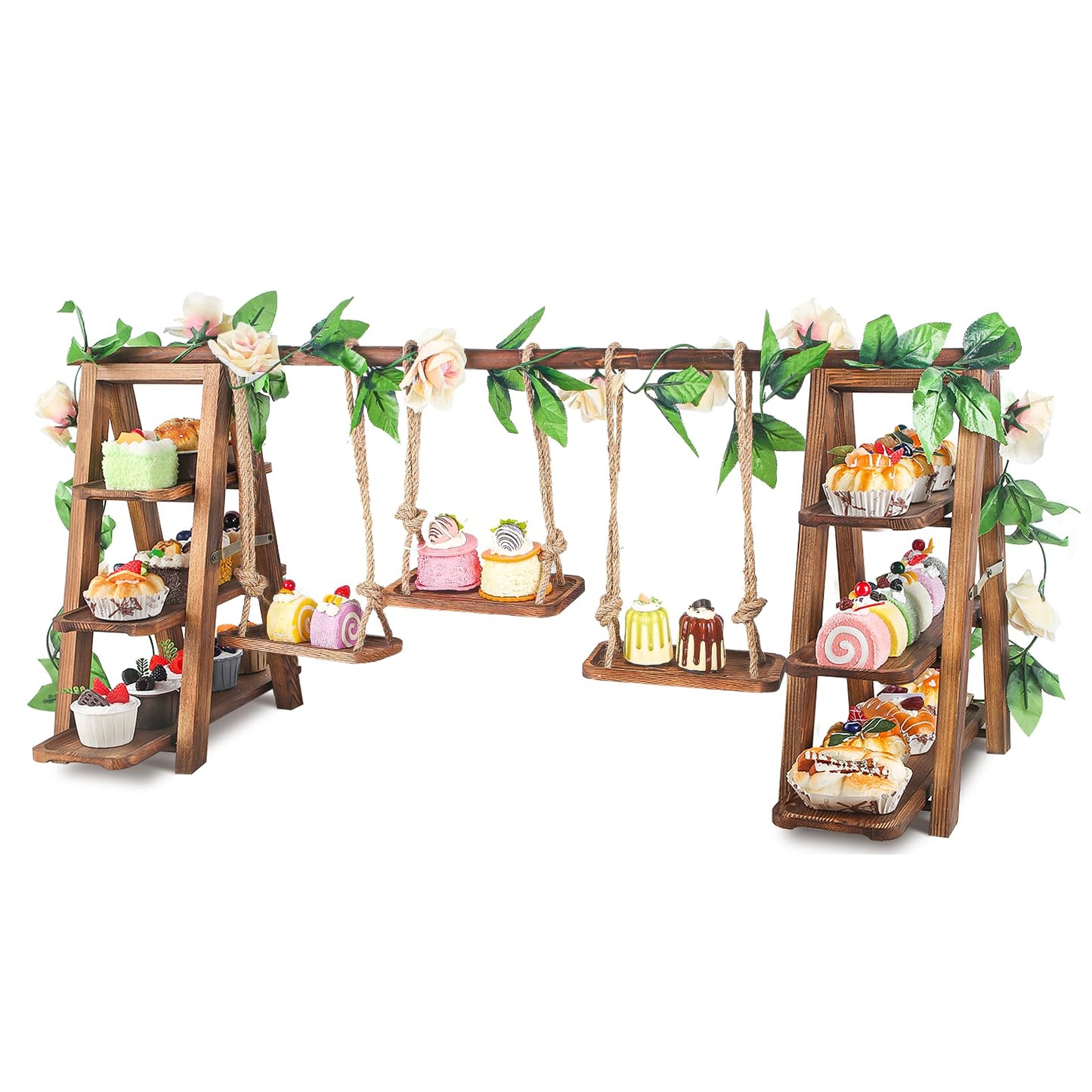 Wisreach Upgraded Large Wooden 3 Tier Swing Cupcake Stand with Flower Decor, Removable Trays, Foldable Ladder Display for Cake, Snacks, Fruit, Bread, Party & Catering Centerpieces