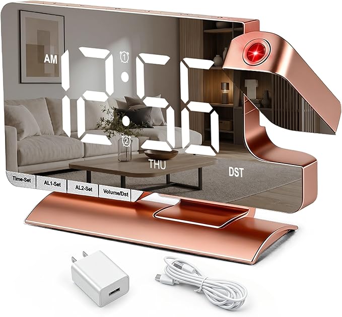 Projection Clock,Alarm Clocks for Bedrooms,7.3"Mirror Bedside Clock