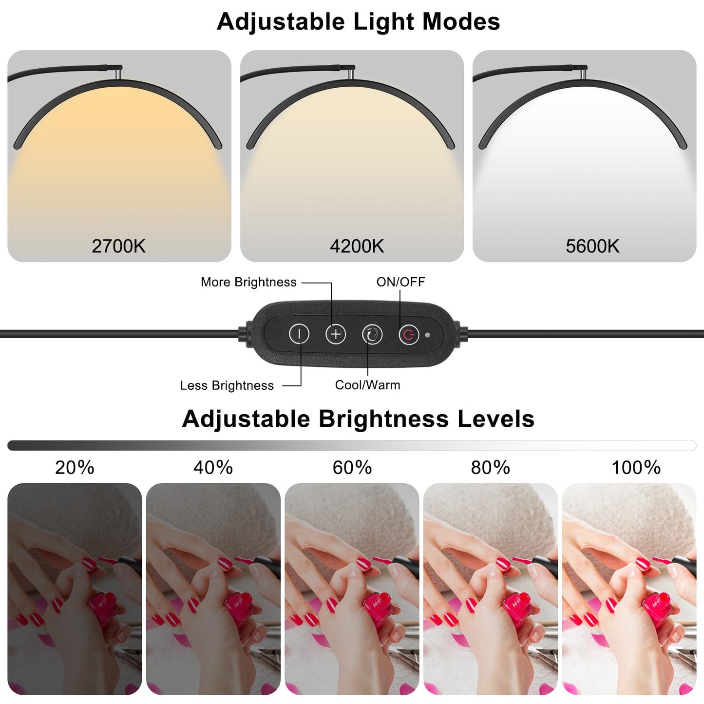 Half Moon Light for Nail Desk - Professional Shadowless LED Manicure Lamp with Clamp, 3 Color Modes & 10 Brightness Levels, Eye-Caring Beauty Lamp for Eyelash Extensions, Tattoo, Estheticians
