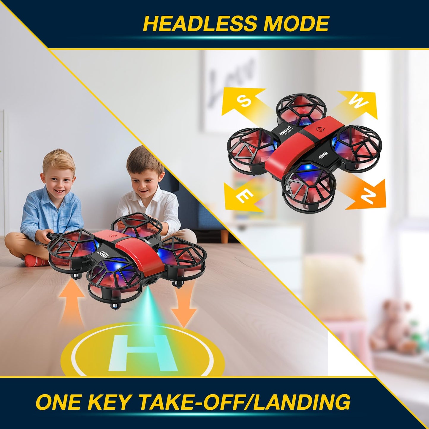 Red Mini Drone for Kids & Beginners, Indoor & Outdoor RC Quadcopter, Full Propeller Guards, LED Light, 3D Flips, One Key Start, Headless Mode, 2 Rechargeable Batteries, 21 Mins Total Flight Time, Toy Gift for Boys and Girls
