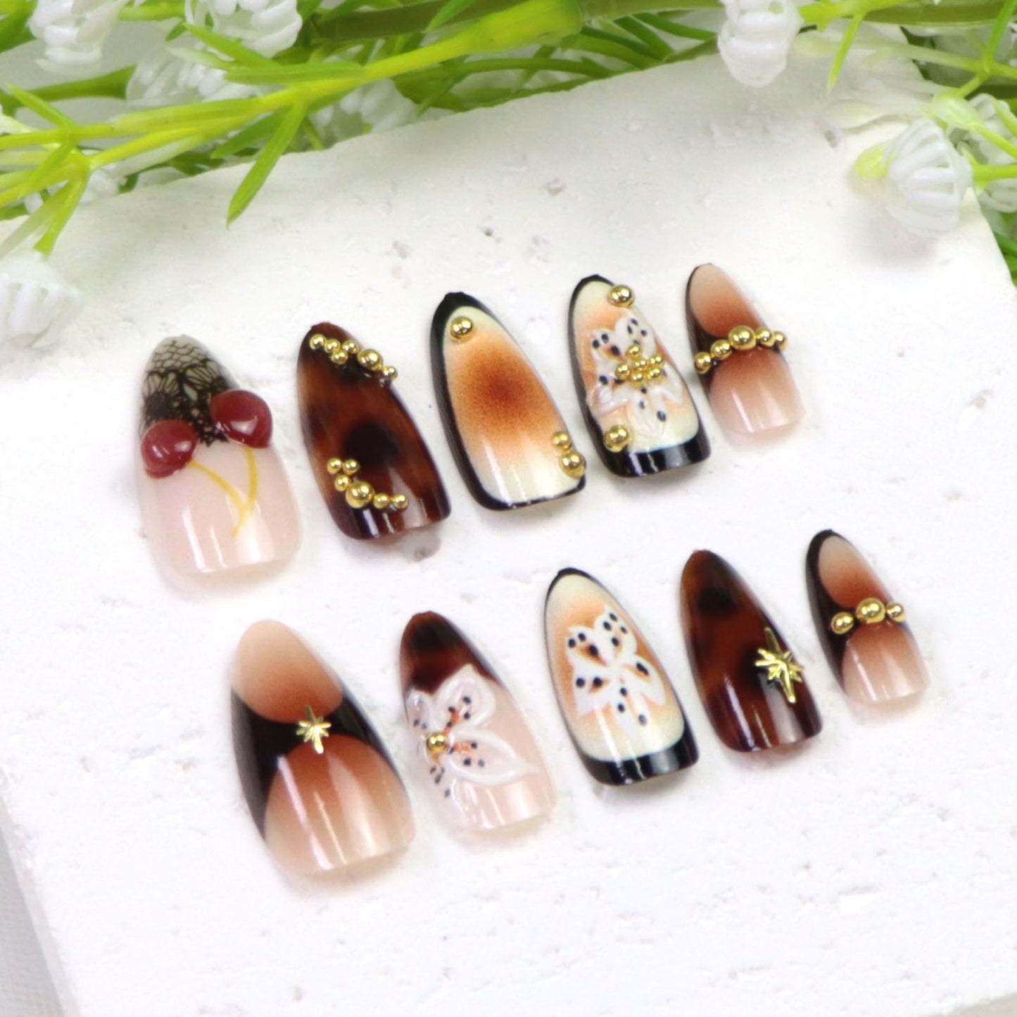 Almond Press on Nails Medium Fake Nails with Flowers Cherry Pearl Irregular Pattern Designs Brown Gradient Nails Press ons Glossy Full Cover Reusable Stick on Nails for Women 24Pcs