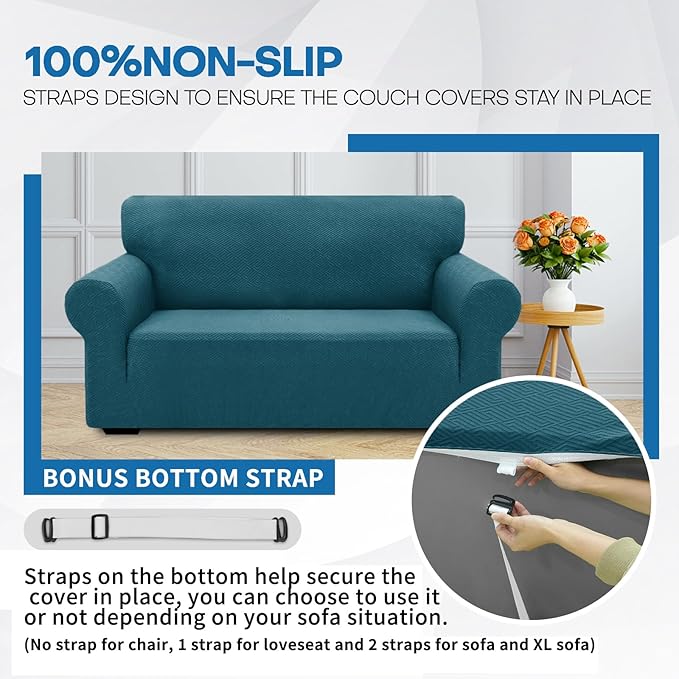 XINEAGE New 1 Piece Couch Covers for 3 Cushion Couch (79"-91") Stretch Sofa Cover Slipcover Pet Friendly Soft Washable Furniture Protector with Elastic Bottom for Kids,Dog (Sofa, Peacock Blue)