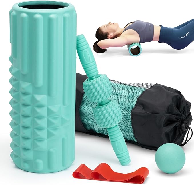 5 in 1 Foam Roller Set, Trigger Point Massage, Muscle Roller Stick, Massage Ball, Resistance Band for Deep Tissue Fitness Exercise Yoga Pilates (Tiffany Green)