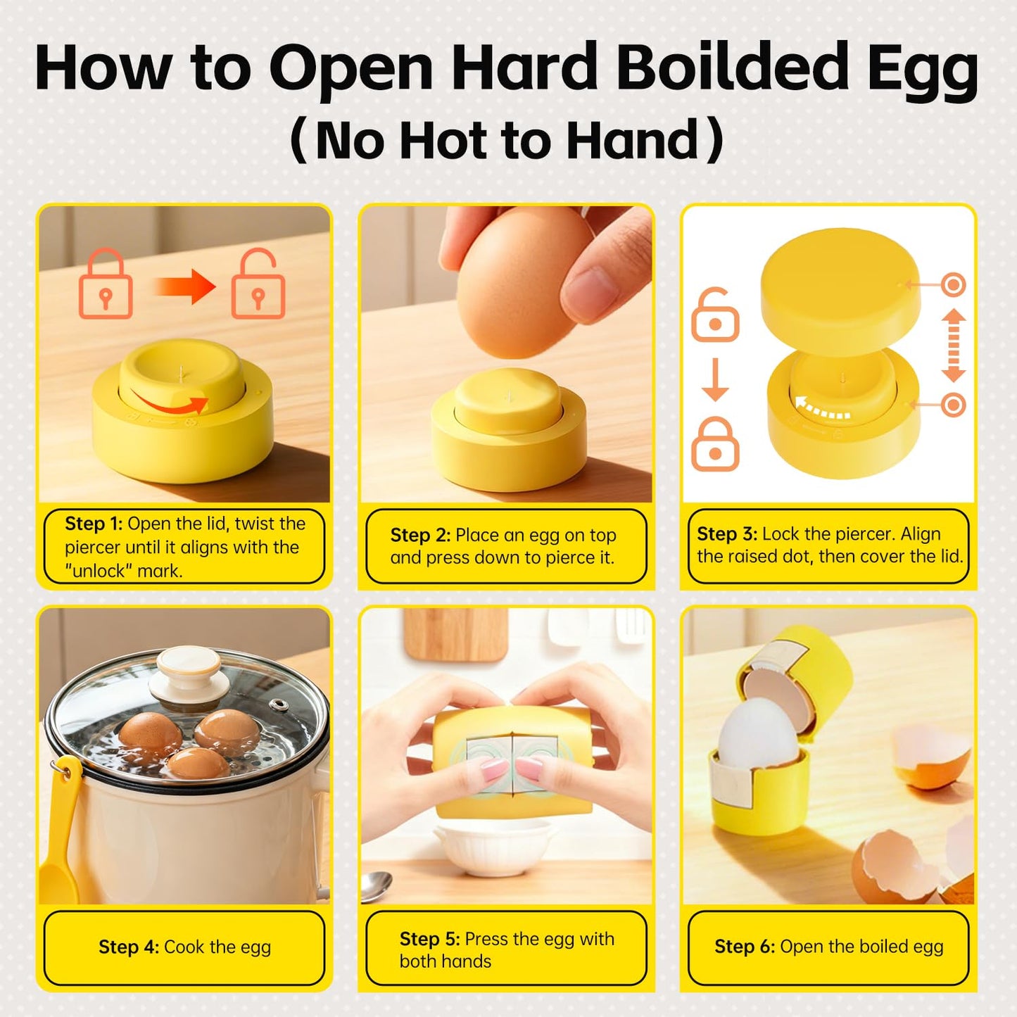 Upgraded 2 in 1 Egg Shell Opener, Hard Boiled Egg Peeler with Piercer, Cute Egg Cracker for Raw Eggs, Egg Separator for Home Kitchen Gadgets Tool (Beige+Yellow)