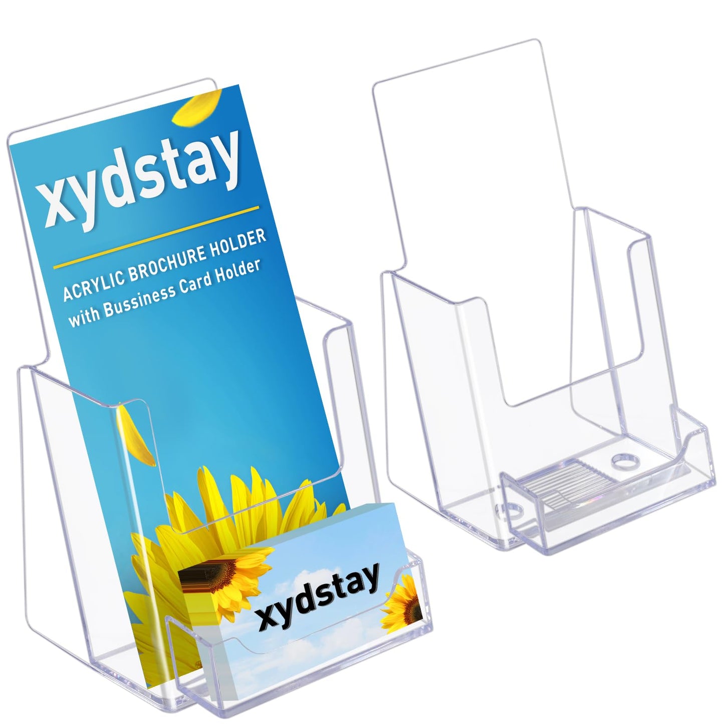 xydstay 4x9 Acrylic Brochure Holder with Business Card Holder, Clear Display Stand, Plastic Table stand Sign Holder, Pamphlet Holder Flyer Holder, Acrylic Display Stand for Office, Home, Store, 2 Pack